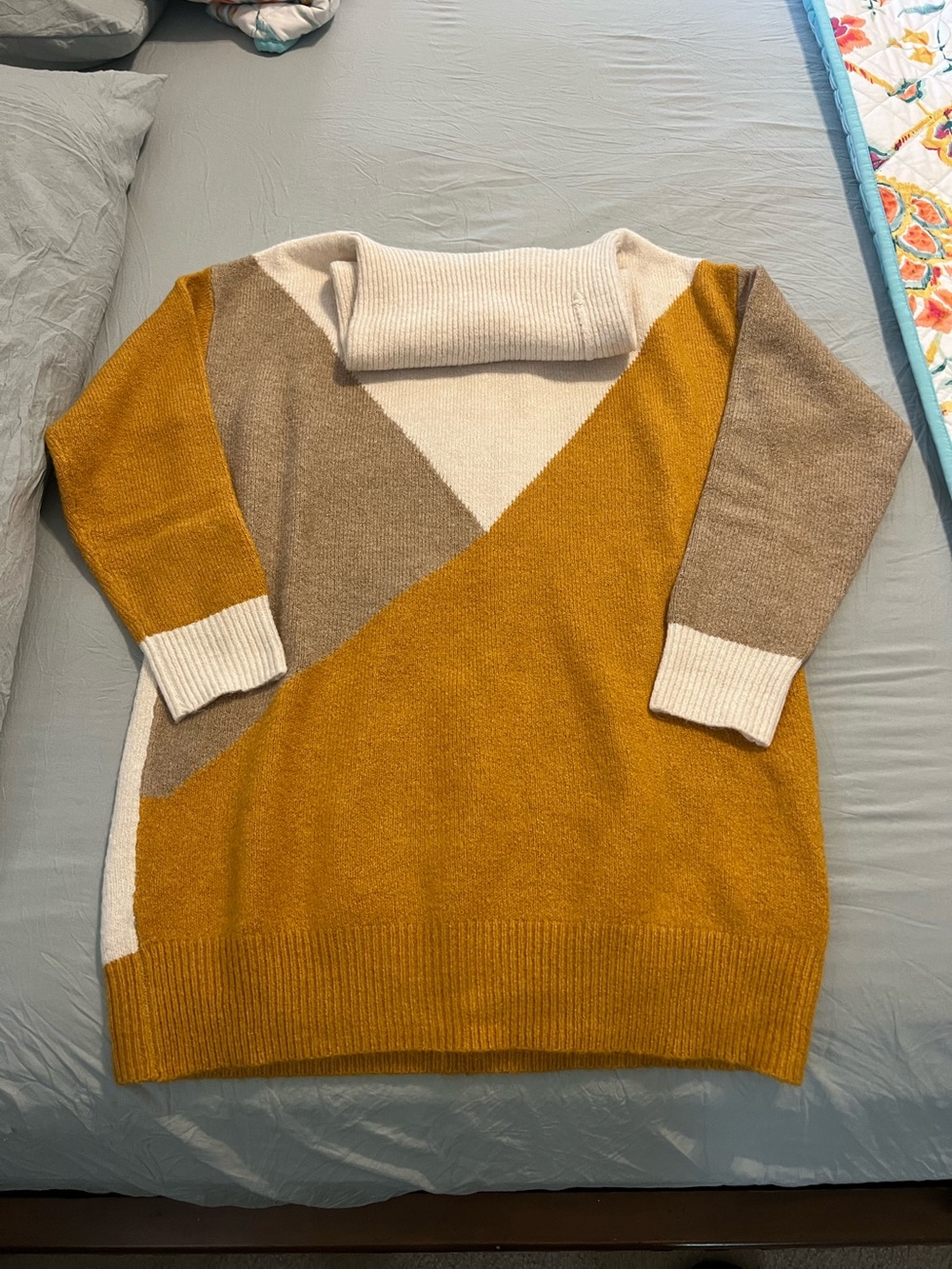 Colorblock Funnel Neck Sweater Dress - Mustard/Cream/Taupe
